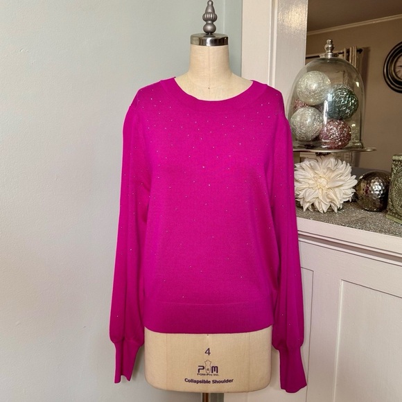 DKNY Pink Studded Crewneck Sweater Donna Karan Embellished Electric Pink Medium - Picture 5 of 15